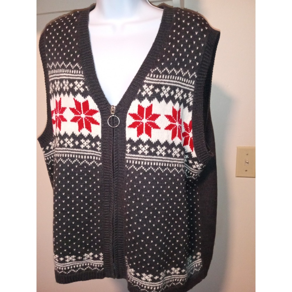 White Stag Vintage Nordic Fair Isle Zip Front Sweater Vest Gray White 14W 16W